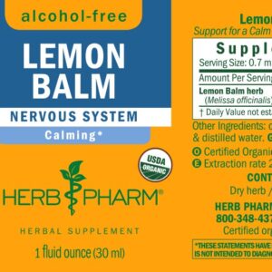 Herb Pharm Certified Organic Lemon Balm Liquid Extract for Calming Nervous System Support, Alcohol-Free Glycerite, 1 Oz