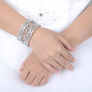 EVER FAITH Women's Austrian Crystal Bride Heart Art Deco Elastic Stretch Bracelet Clear Silver-Tone