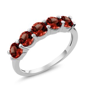 Gem Stone King 925 Sterling Silver Red Garnet 5 Stone Band Ring For Women (1.85 Cttw, Gemstone Birthstone, Round 4MM, Available 5,6,7,8,9) (Size 8)