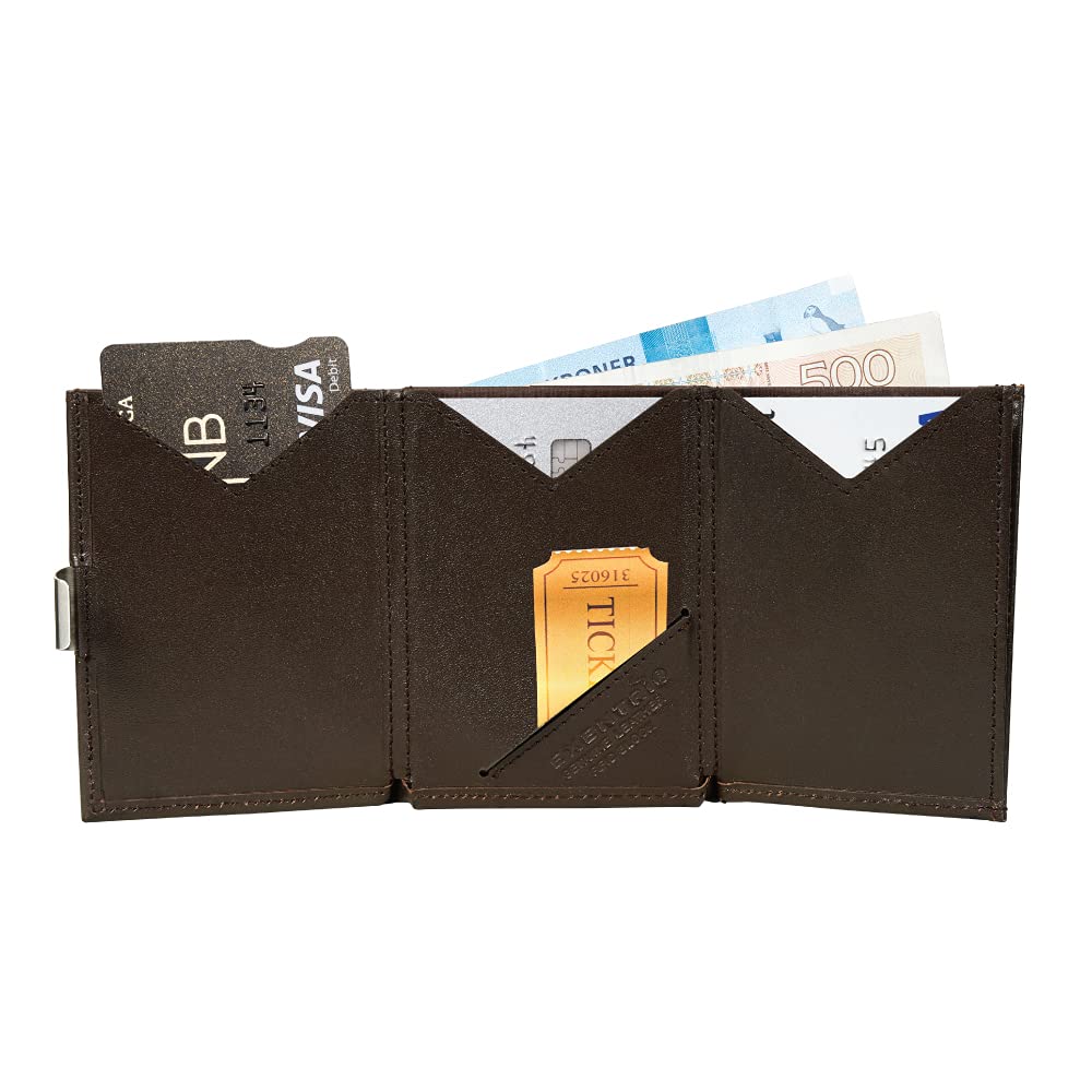 EXENTRI Trifold Wallets w/RFID in Brown - Premium Leather w/Stainless Steel Locking Clip