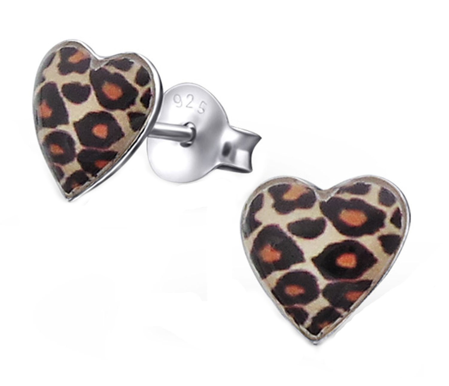 Heart Leopard Stud Earrings Small Sterling Silver 925 (E19916)