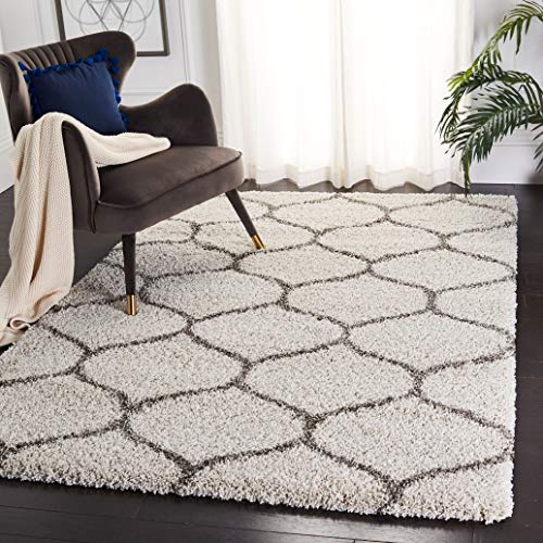 SAFAVIEH Hudson Shag Collection Area Rug - 8' x 10', Ivory & Grey, Moroccan Ogee Trellis Design, Non-Shedding & Easy Care, 2-inch Thick Ideal for High Traffic Areas in Living Room, Bedroom (SGH280A)