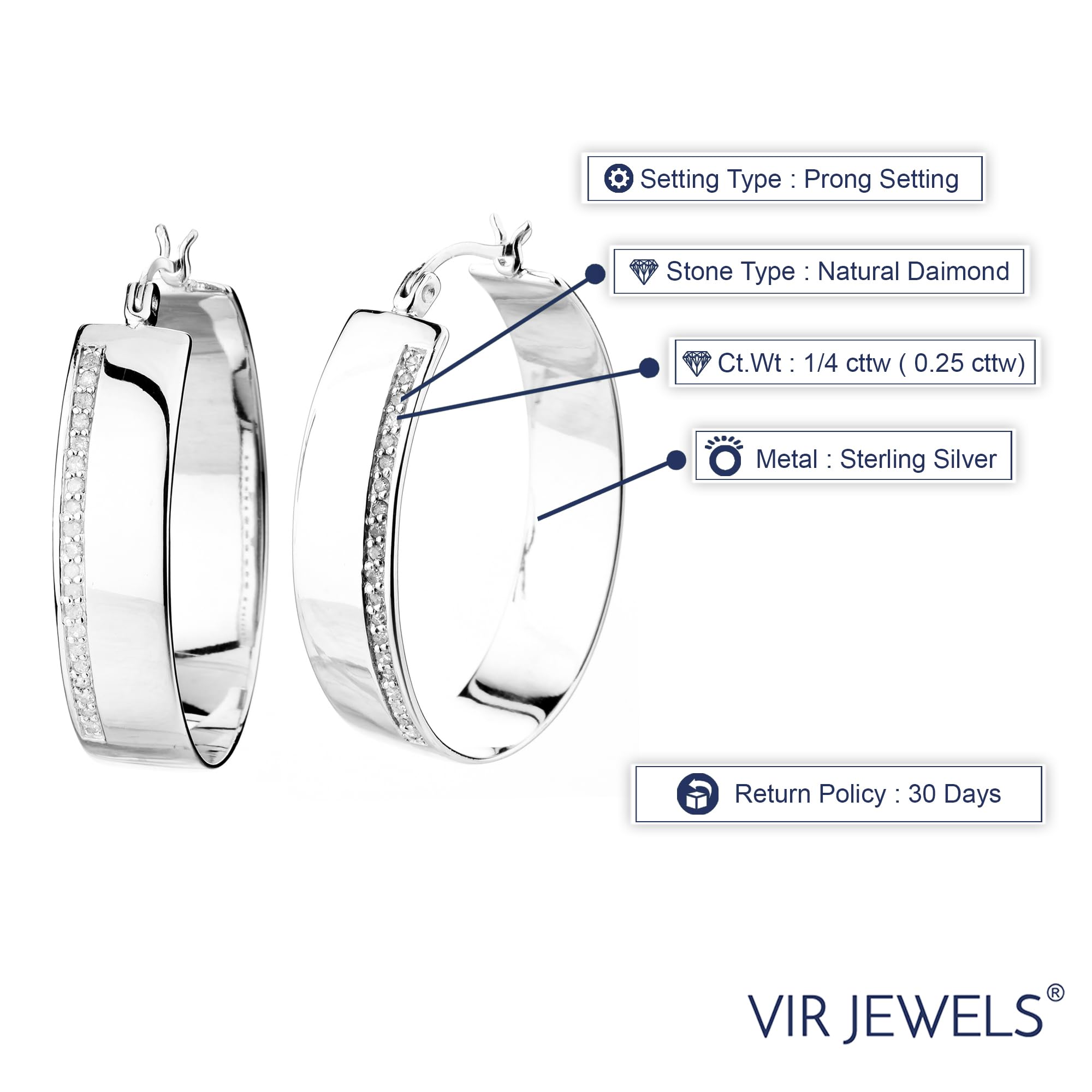 Vir Jewels 1/4 cttw Diamond Hoop Earrings .925 Sterling Silver with Rhodium Prong 1.50 Inch