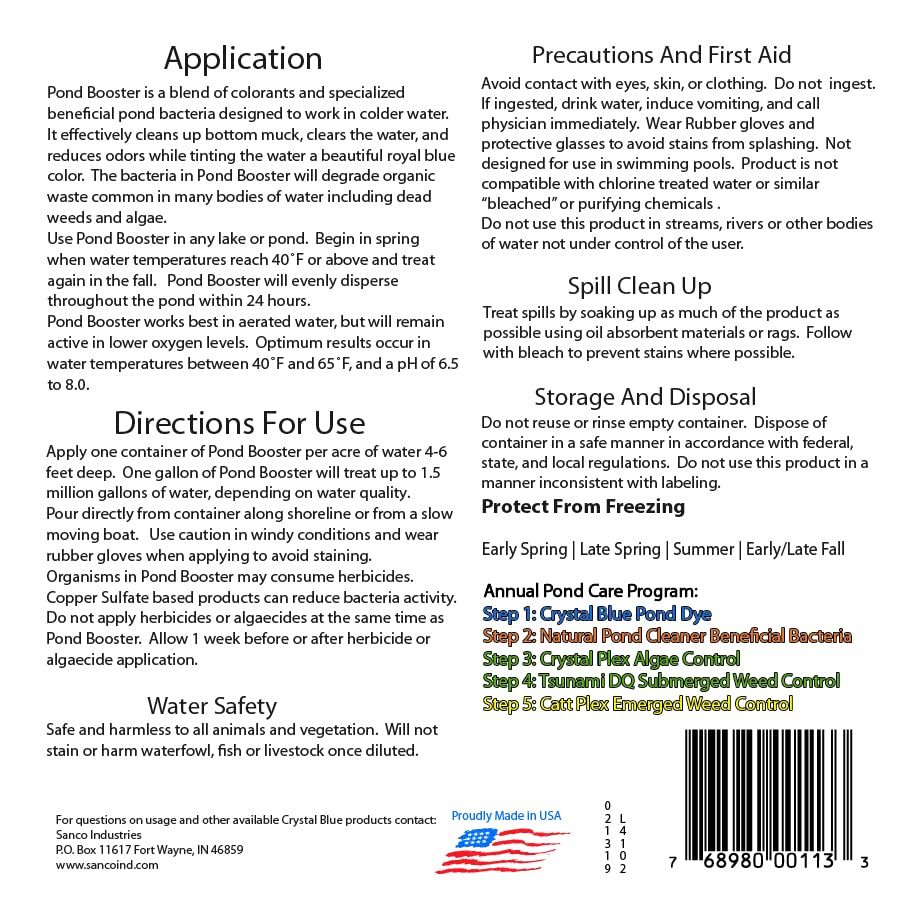 Crystal Blue Pond Booster - Crystal Blue Pond Dye & Natural Pond Cleaner Combo - Treats up to 1 Acre - Crystal Blue Water While Reducing Muck & Sludge - 1 Gallon