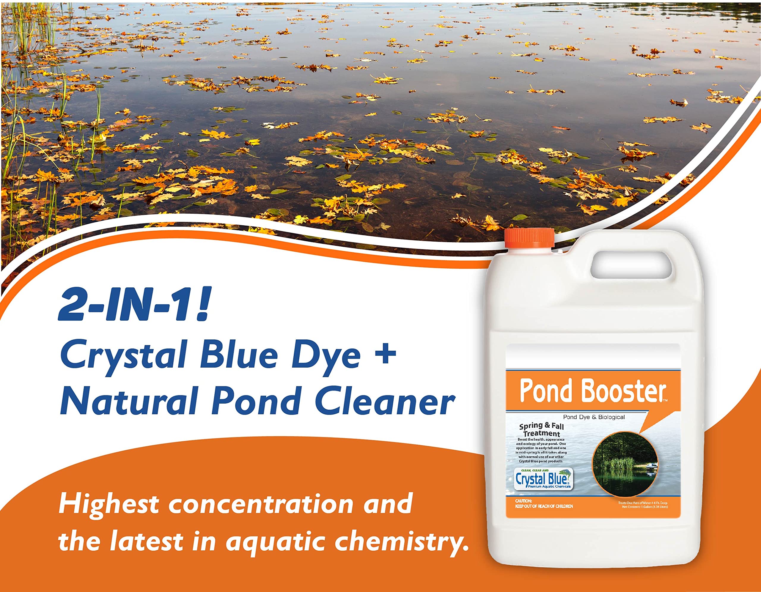 Crystal Blue Pond Booster - Crystal Blue Pond Dye & Natural Pond Cleaner Combo - Treats up to 1 Acre - Crystal Blue Water While Reducing Muck & Sludge - 1 Gallon