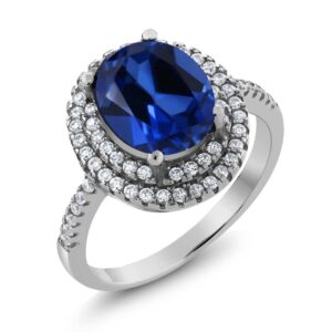 Gem Stone King 925 Sterling Silver Blue Created Sapphire Ring For Women (3.60 Cttw, Oval 9X7MM, Available In Size 5,6,7,8,9)