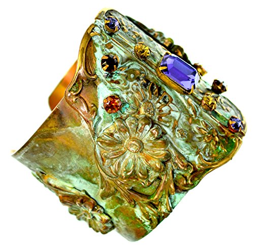 Elaine Coyne Collectible Artwear Olive Patina Brass Zinnia Flowers Wide Cuff - Authentic Glass Crystals