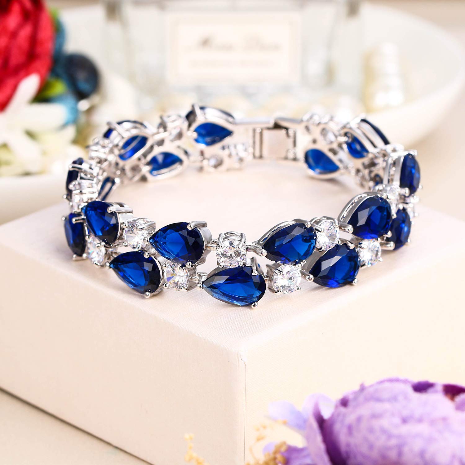 EVER FAITH Women's Prong Cubic Zirconia Vintage Style Dual Layer Tear Drop Bracelet Blue Silver-Tone