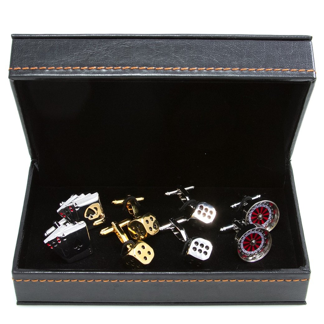 MRCUFF Casino Gambler Card Poker Player Roulette Craps Dice Aces 4 Pairs Cufflinks in Presentation Gift Box & Polishing Cloth