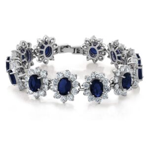 Gem Stone King 27.00 Cttw Royal Blue Simulated Sapphire and White CZ Tennis Bracelet For Women | 8X6MM Oval and 3MM Round | 7 Inch with Security Clasp