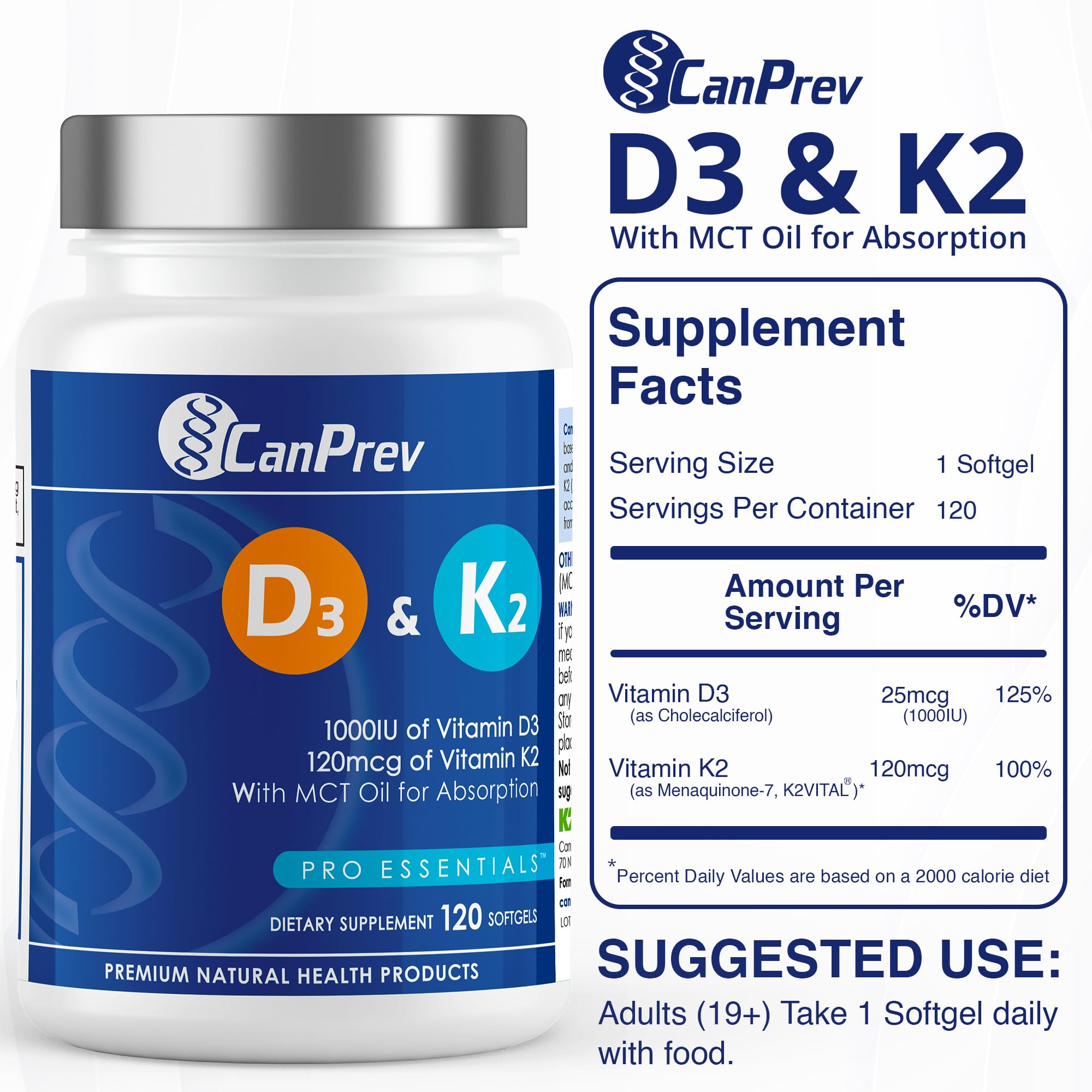 CanPrev D3 & K2 - Organic Coconut Oil (120 softgels)