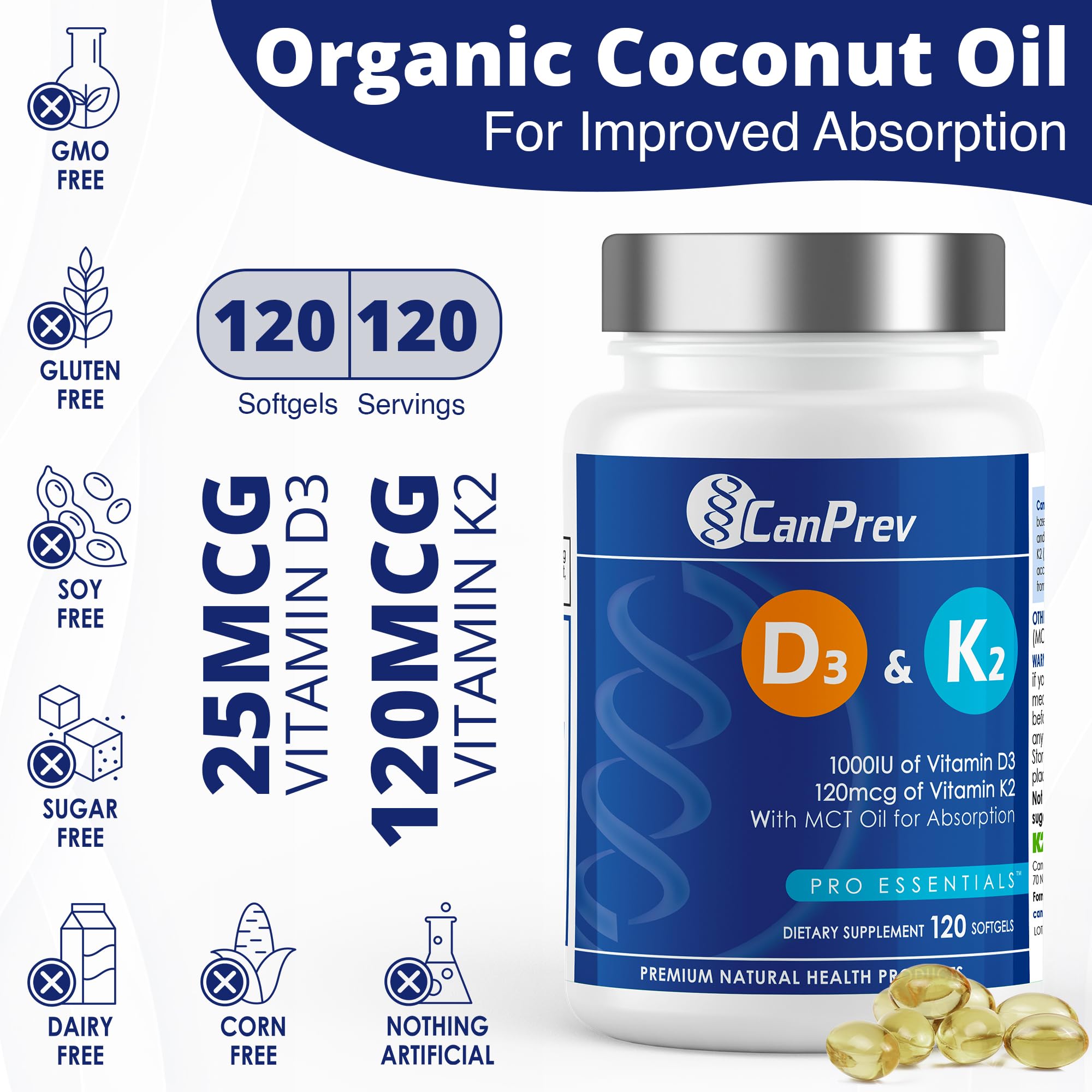 CanPrev D3 & K2 - Organic Coconut Oil (120 softgels)