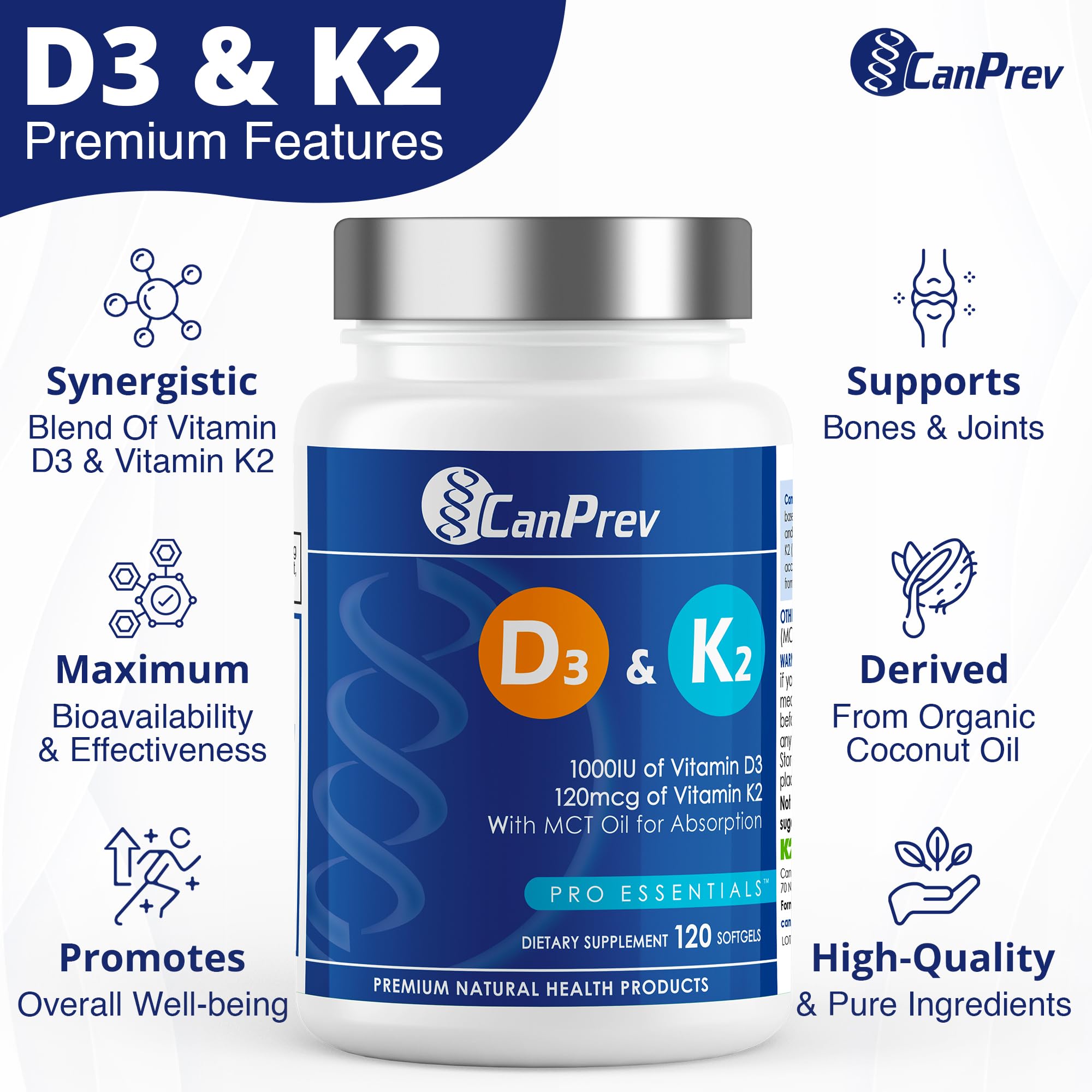 CanPrev D3 & K2 - Organic Coconut Oil (120 softgels)