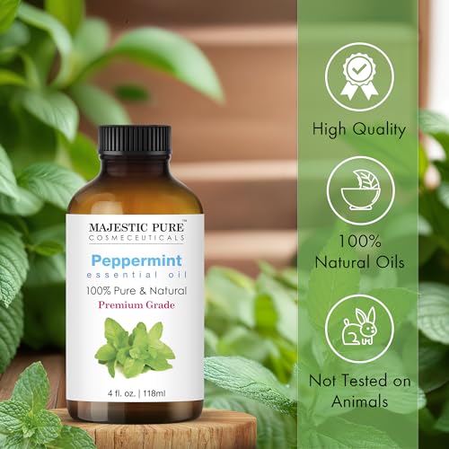 MAJESTIC PURE Peppermint Essential Oil | 100% Pure and Natural Peppermint Oil | Premium Grade Essential Oils for Hair Care, Home Diffusers, Skin, Aromatherapy, Massage and Humidifiers | 4 Fl Oz