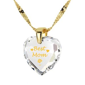 Best Mom Heart Necklace for Mother's Inscribed in 24k Gold with Rose Flower on Crystal Cubic Zirconia Heart-Shaped Romantic Pendant for Her, 18" Chain