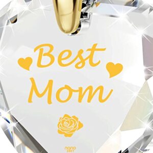 Best Mom Heart Necklace for Mother's Inscribed in 24k Gold with Rose Flower on Crystal Cubic Zirconia Heart-Shaped Romantic Pendant for Her, 18" Chain