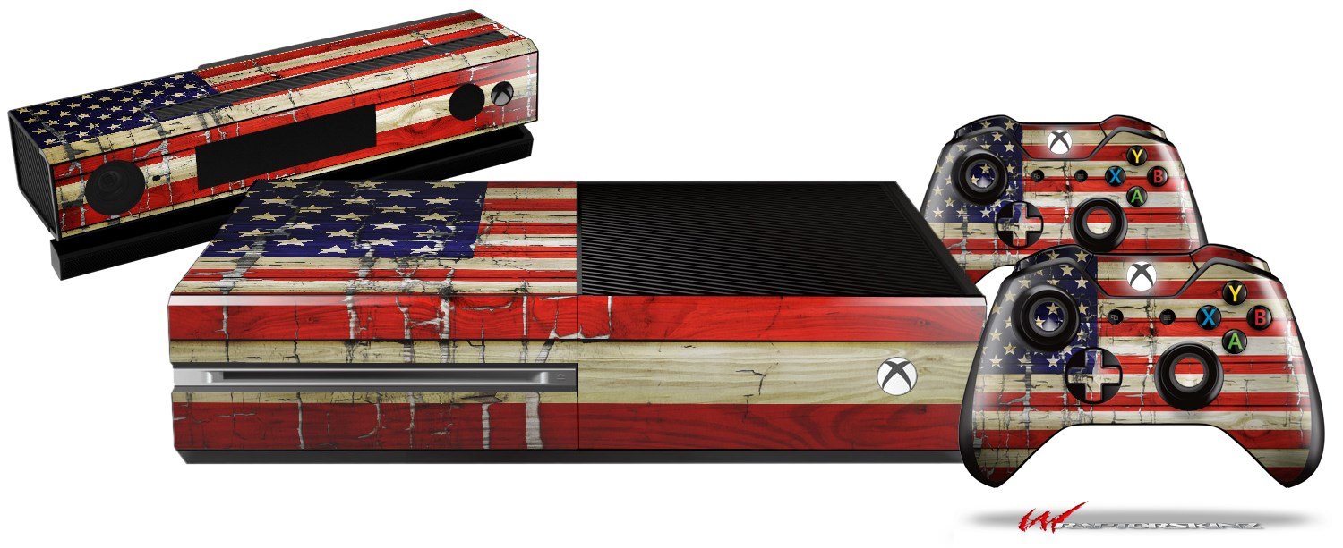 Painted Faded and Cracked USA American Flag - Holiday Bundle WraptorSkinz Decal Style Vinyl Skin Wrap compatible with XBOX One Original Console, Kinect and 2 Controllers (GAMING SYSTEM NOT INCLUDED)