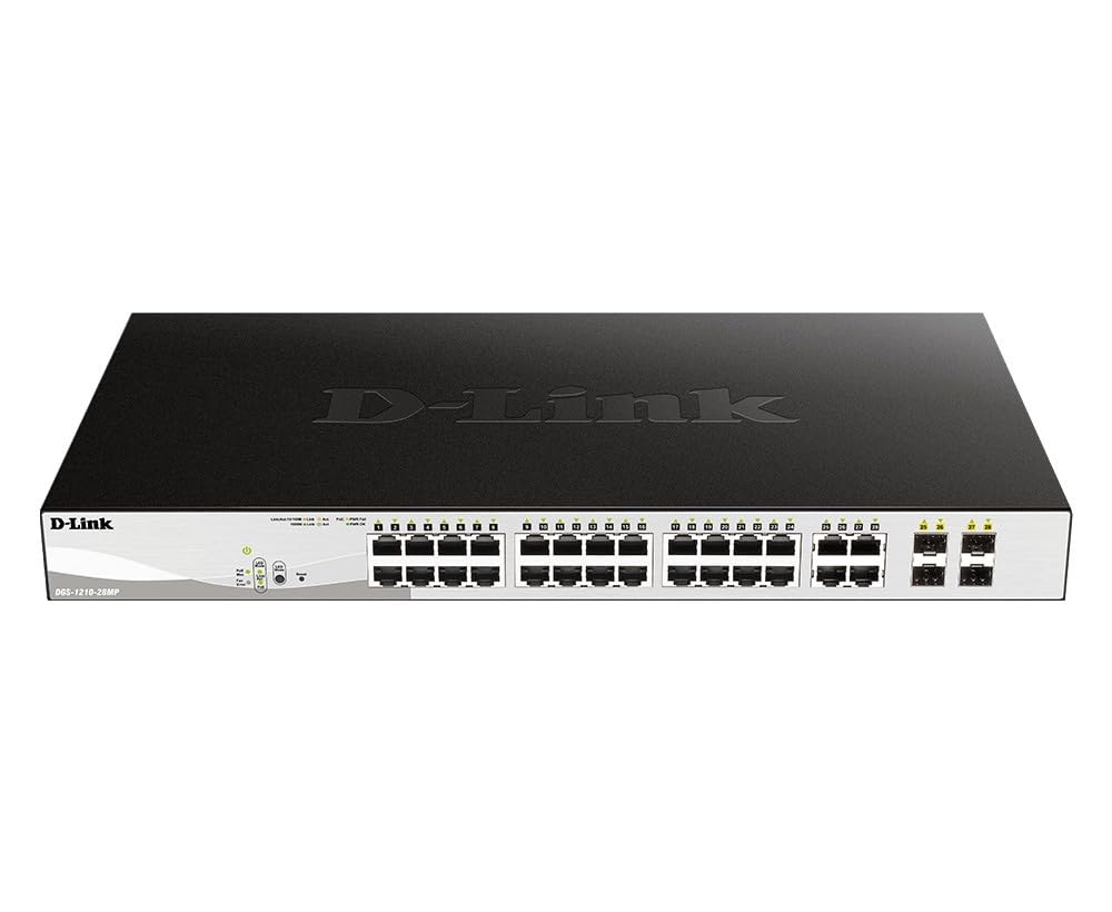 D-Link 28-Port Gigabit Smart Managed PoE+ Switch, 24 PoE+ Ports (370W) + 4 SFP Combo Ports, L2+, VLANs, Web Managed, Surveillance Mode, Rackmount, Energy Efficient, NDAA Compliant (DGS-1210-28MP)