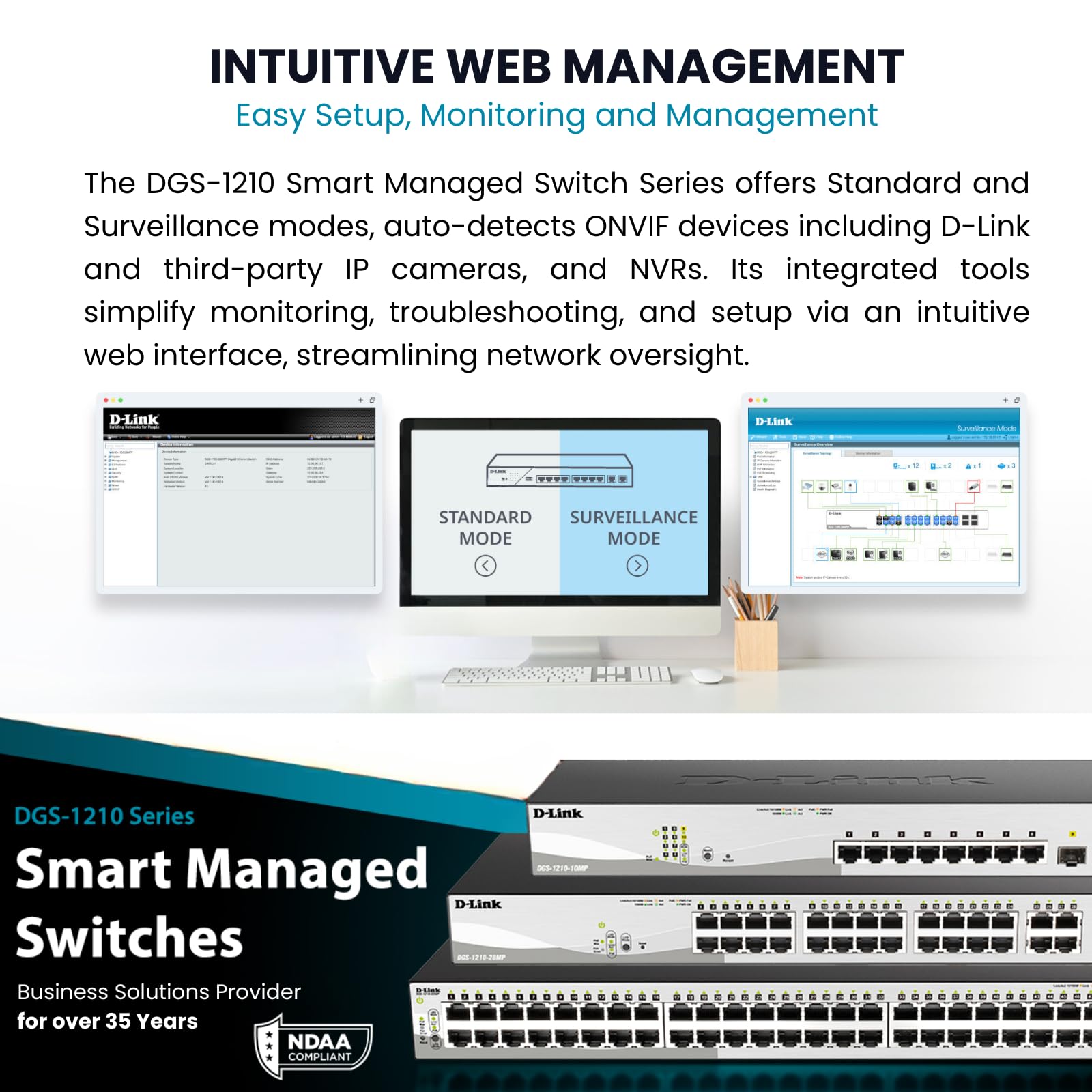 D-Link 28-Port Gigabit Smart Managed PoE+ Switch, 24 PoE+ Ports (370W) + 4 SFP Combo Ports, L2+, VLANs, Web Managed, Surveillance Mode, Rackmount, Energy Efficient, NDAA Compliant (DGS-1210-28MP)