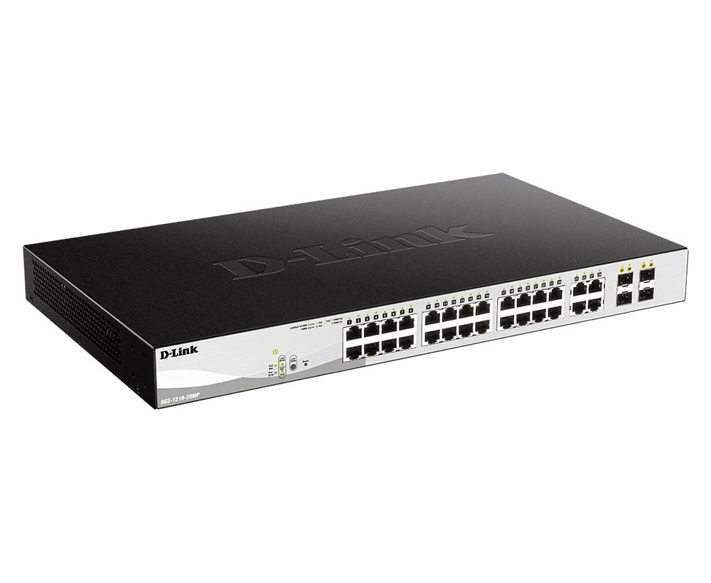 D-Link 28-Port Gigabit Smart Managed PoE+ Switch, 24 PoE+ Ports (370W) + 4 SFP Combo Ports, L2+, VLANs, Web Managed, Surveillance Mode, Rackmount, Energy Efficient, NDAA Compliant (DGS-1210-28MP)