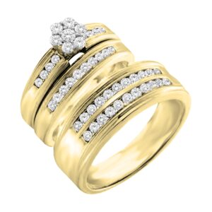 Dazzlingrock Collection 0.95 Carat Round White Diamond Flower Cluster Trio Ring Set for Women & Men in 14K Yellow Gold, W-7 and M-10