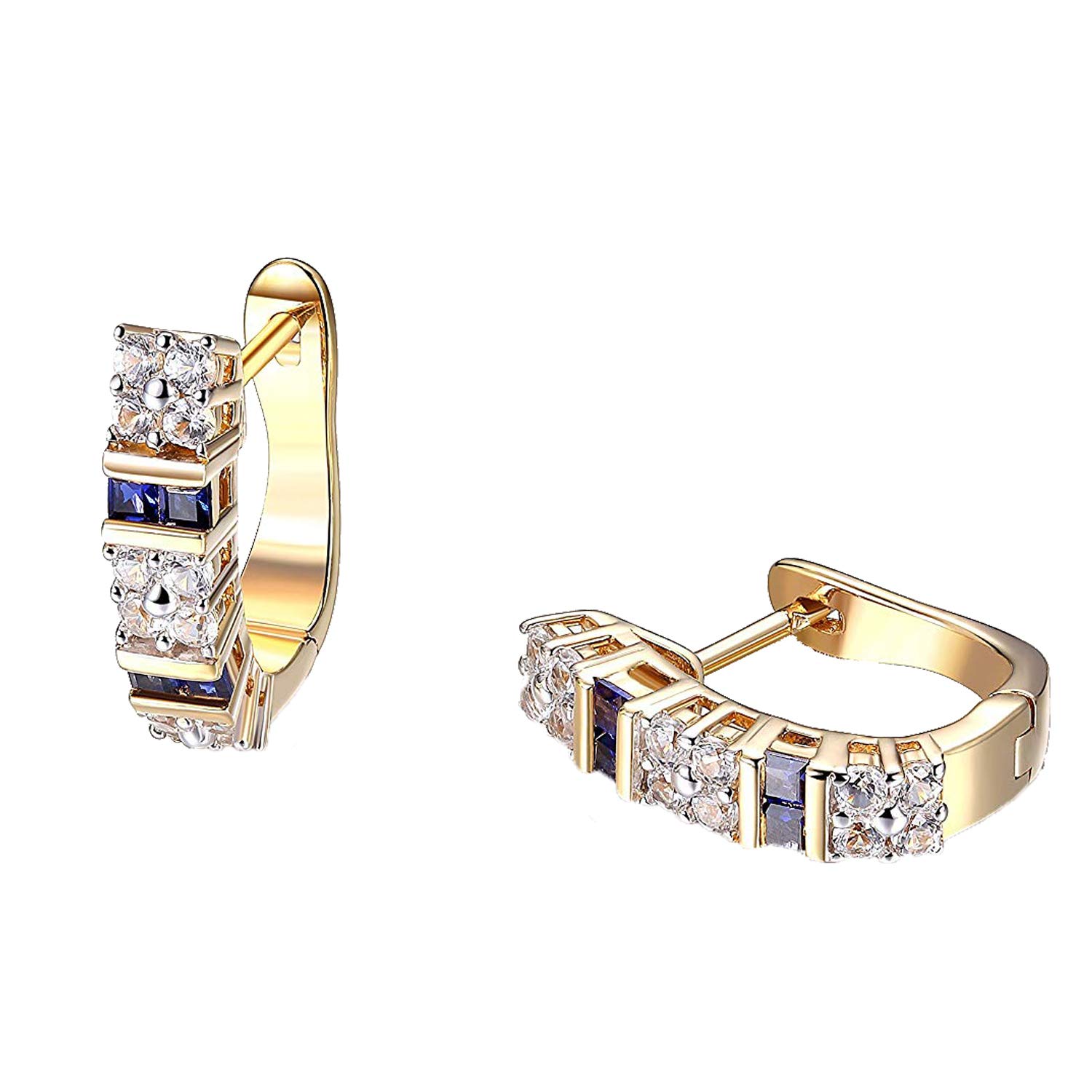 MORGAN & PAIGE 18K Yellow Gold Plated .925 Sterling Silver Square-Cut Created Blue and White Sapphire Hinged 3/4" Hoop Earrings