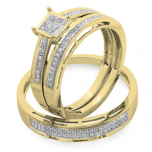 Dazzlingrock Collection 0.18 ctw Round Diamond Engagement Ring Set for Men's & Women's in 10K Solid Yellow Gold, W-7 & M-10