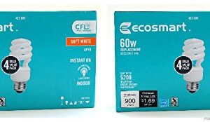 EcoSmart 60w CFL Soft White Lightbulb-(2 Pack=8 bulbs)