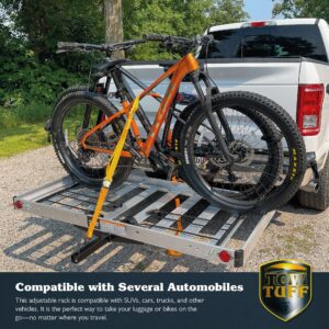 Tow Tuff 500 Pound Load Capacity Heavy Duty 2 in 1 Aluminum Adjustable Automotive Hitch Cargo Carrier with Luggage and Bike Rack, Silver