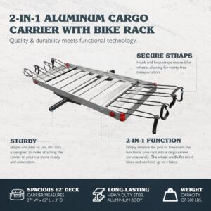 Tow Tuff 500 Pound Load Capacity Heavy Duty 2 in 1 Aluminum Adjustable Automotive Hitch Cargo Carrier with Luggage and Bike Rack, Silver