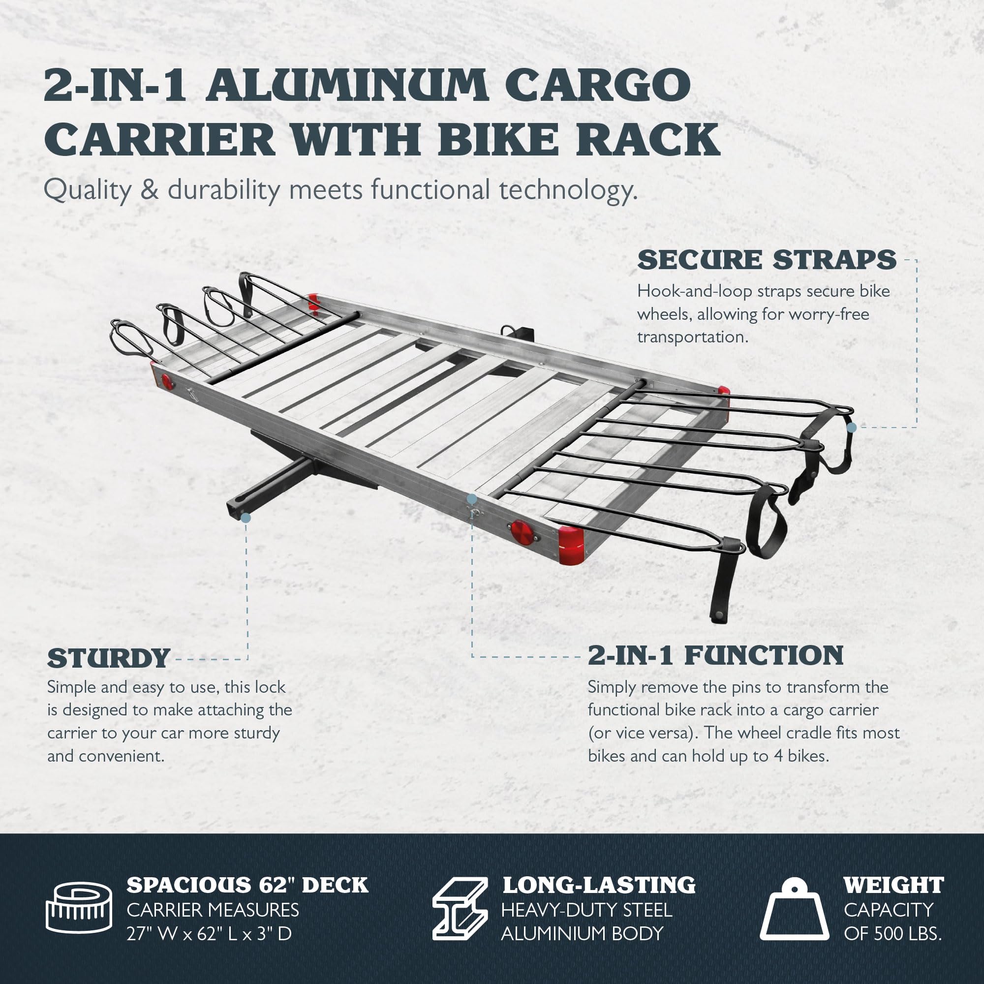 Tow Tuff 500 Pound Load Capacity Heavy Duty 2 in 1 Aluminum Adjustable Automotive Hitch Cargo Carrier with Luggage and Bike Rack, Silver