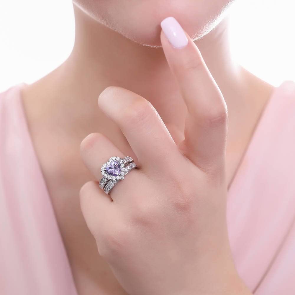 BERRICLE Sterling Silver Halo Wedding Engagement Rings Purple Cubic Zirconia CZ Statement Heart Ring Set for Women, Rhodium Plated Size 5.5