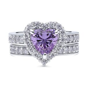 BERRICLE Sterling Silver Halo Wedding Engagement Rings Purple Cubic Zirconia CZ Statement Heart Ring Set for Women, Rhodium Plated Size 5.5