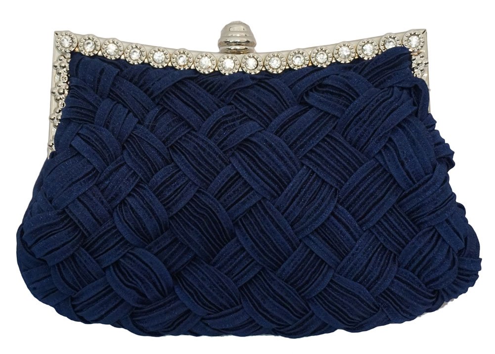 Chicastic Pleated and Braided Rhinestone studded Wedding Evening Bridal Bridesmaid Clutch Purse - Navy Blue