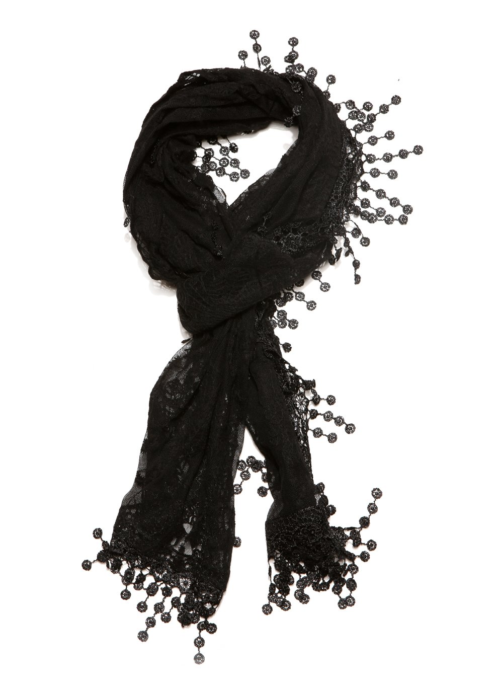 Women's lightweight Feminine lace teardrop fringe Lace Scarf Vintage Scarf Mesh Crochet Tassel Cotton Scarf for Women,One Size,Black