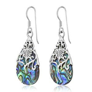 AeraVida Floral Vine Ornate Teardrop Abalone Shell .925 Sterling Silver Earrings | Abalone Earrings