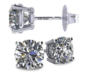 central diamond center 14k solid gold post & sterling silver 4 prong cz stud earrings - platinum plated - 8.00mm - 4.00cttw