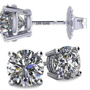 Central Diamond Center 14K Solid Gold Post & Sterling Silver 4 Prong CZ Stud Earrings - Platinum Plated - 8.00mm - 4.00cttw