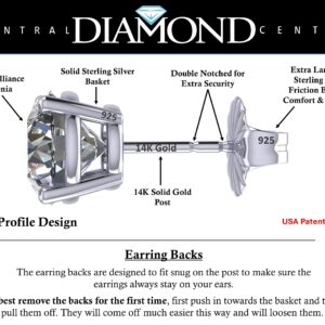 Central Diamond Center 14K Solid Gold Post & Sterling Silver 4 Prong CZ Stud Earrings - Platinum Plated - 8.00mm - 4.00cttw