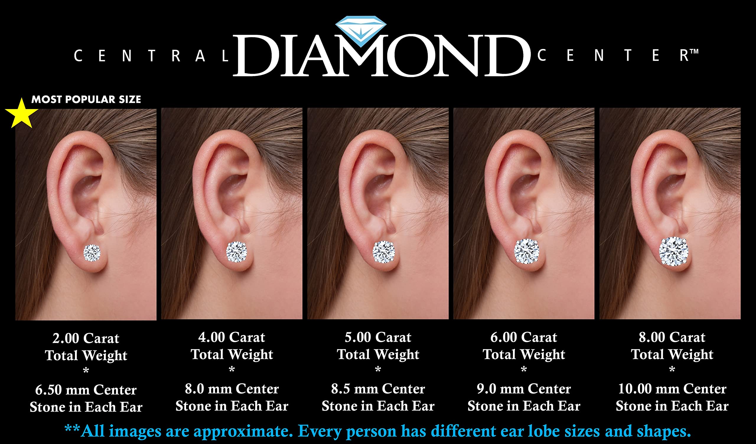 Central Diamond Center 14K Solid Gold Post & Sterling Silver 4 Prong CZ Stud Earrings - Platinum Plated - 8.00mm - 4.00cttw