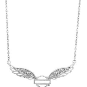 Harley-Davidson Womens Necklace, Bar & Shield Crystal Winged, Silver HDN0288