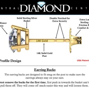 Central Diamond Center 14K Gold Post & Sterling Silver Zirconia 3 Prong Martini Stud Earrings- Yellow Gold Plated 6.50mm 2.00ctw