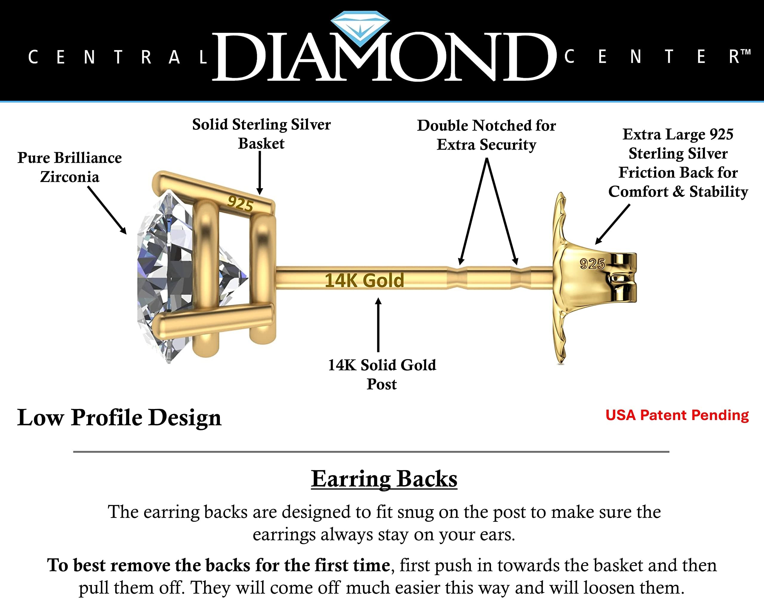 Central Diamond Center 14K Gold Post & Sterling Silver Zirconia 3 Prong Martini Stud Earrings- Yellow Gold Plated 6.50mm 2.00ctw