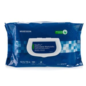 mckesson staydry disposable wipe - large adult body and incontinence washcloths with aloe and vitamin e, alcohol-free, 100 wipes per pack