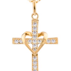 10k Yellow Gold, Rose Gold and White Gold Heart & Cross Pendant with an 16, 18, 20 and 22 Inch Gold Overlay Figaro Necklace (18 Inch, Yellow Gold)