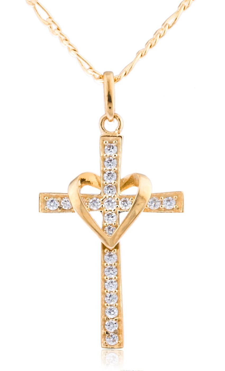 10k Yellow Gold, Rose Gold and White Gold Heart & Cross Pendant with an 16, 18, 20 and 22 Inch Gold Overlay Figaro Necklace (18 Inch, Yellow Gold)