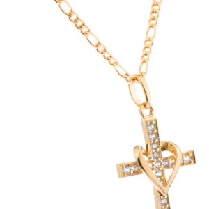 10k Yellow Gold, Rose Gold and White Gold Heart & Cross Pendant with an 16, 18, 20 and 22 Inch Gold Overlay Figaro Necklace (18 Inch, Yellow Gold)