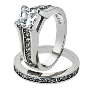 marimor jewelry princess cut zirconia stainless steel 316 wedding ring band set womne's size 9