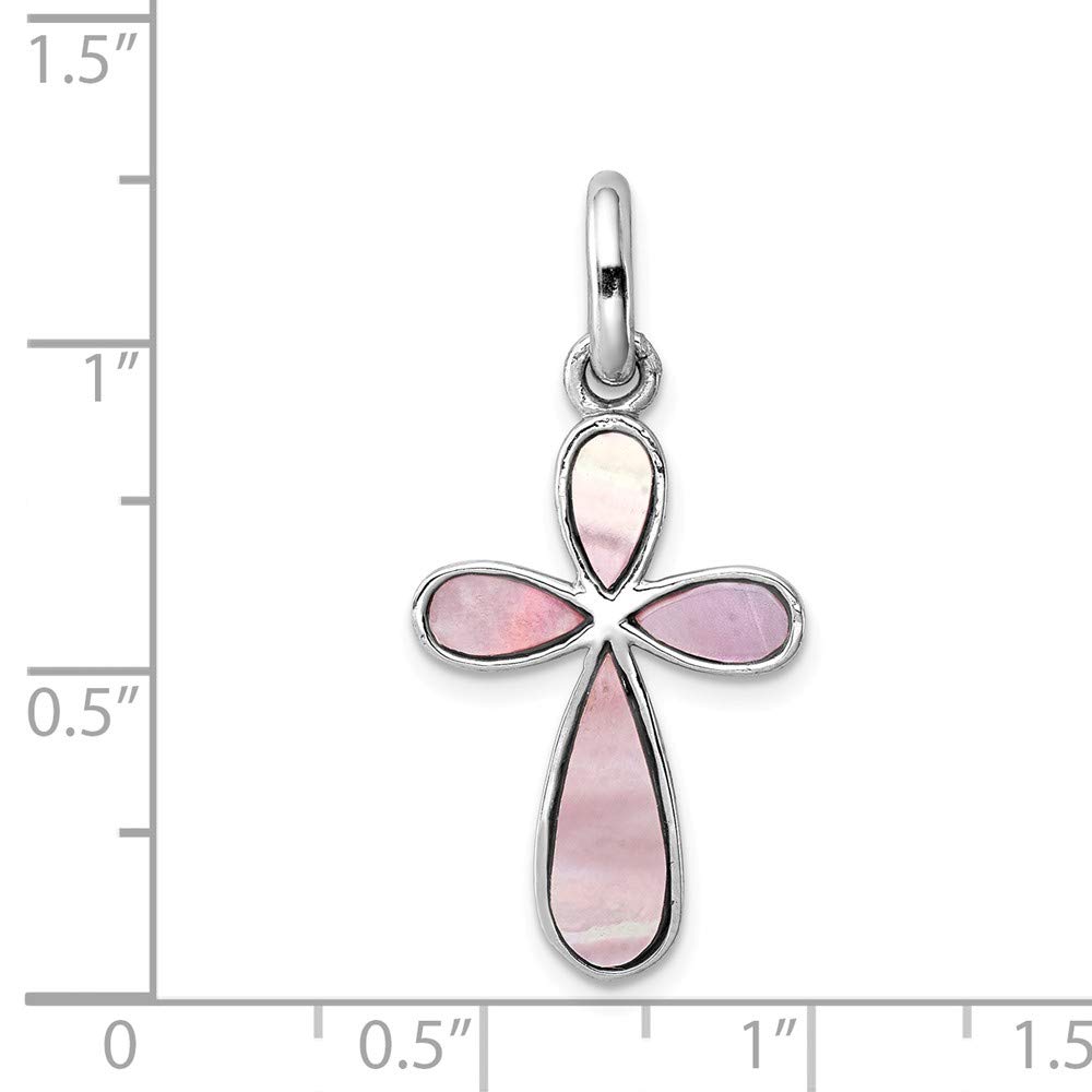 Solid 925 Sterling Silver Pink Mother of Simulated Pearl Cross Pendant (31mm x 15mm)