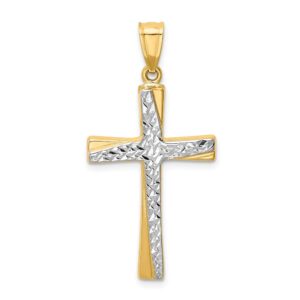 solid 14k yellow & white two tone gold diamond cut cross crucifix pendant (37mm x 18mm)